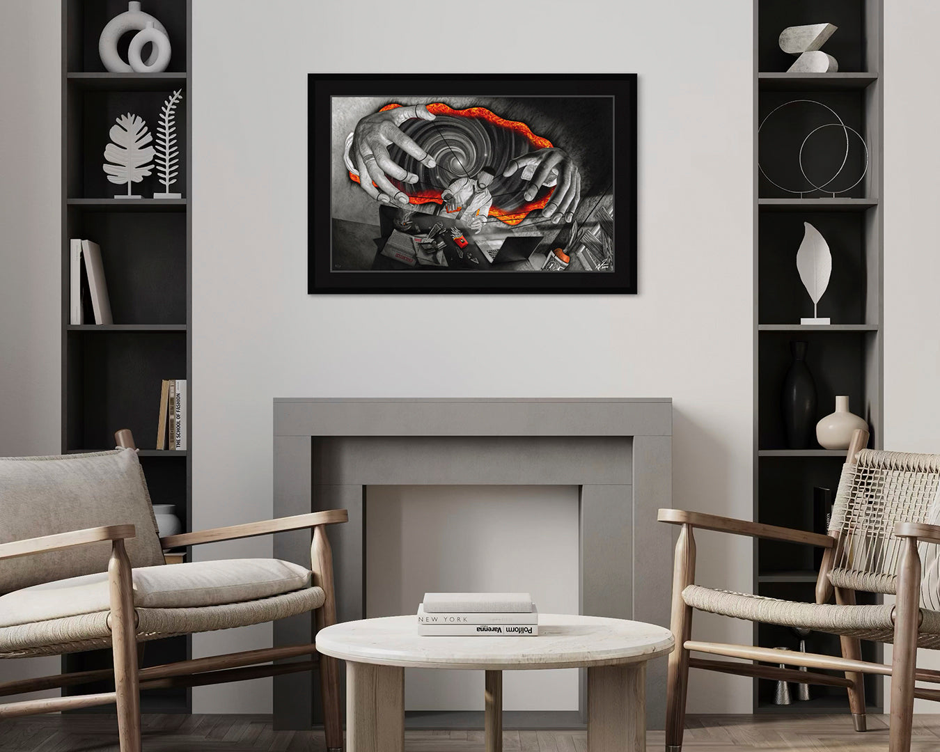 Framed ‘At Your Command’ artwork in modern living room interior – symbolic metaphysical art as statement home decor piece