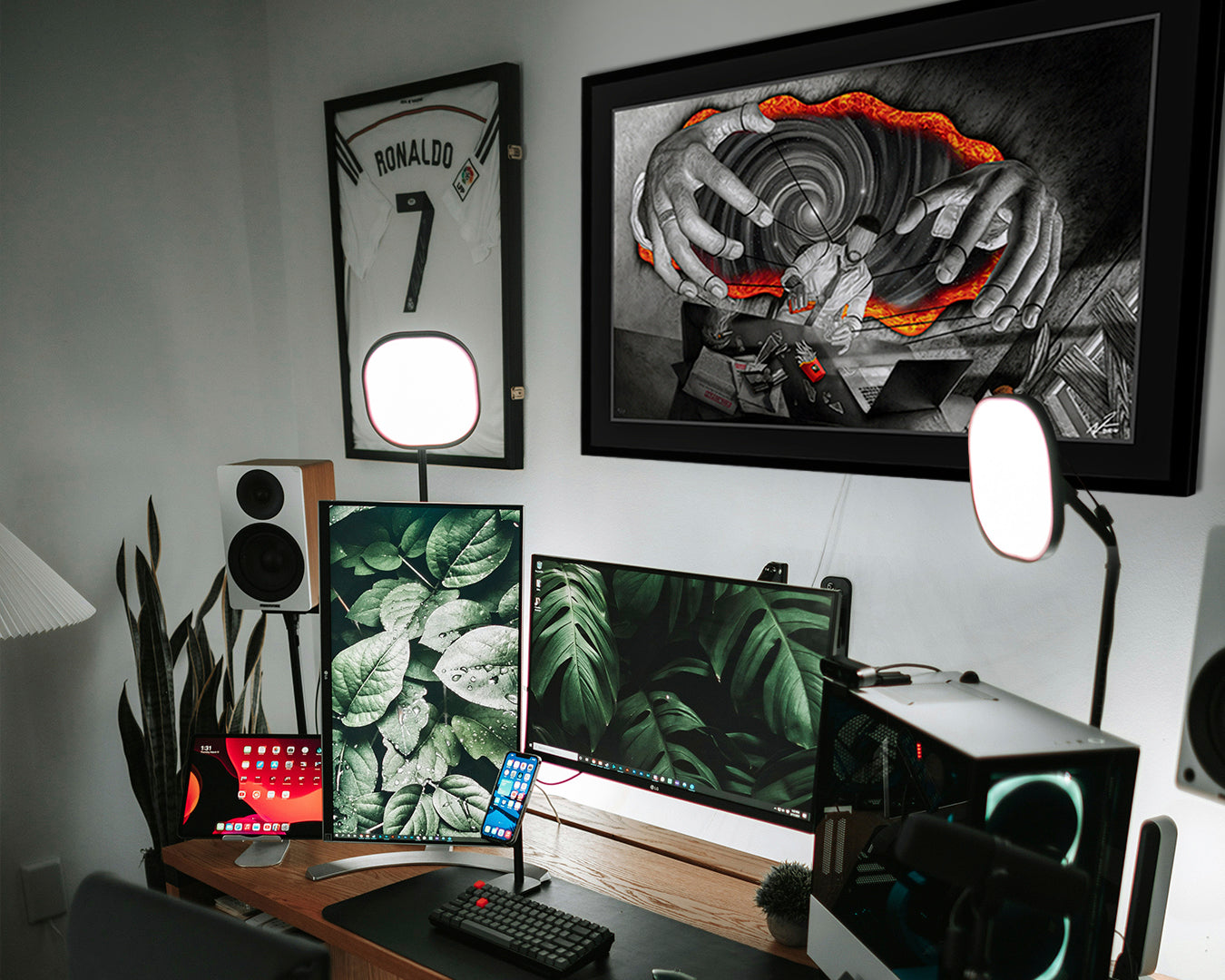 Metaphysical artwork ‘At Your Command’ displayed above desktop setup with dual monitors and tech gear – esoteric wall art for home office decor