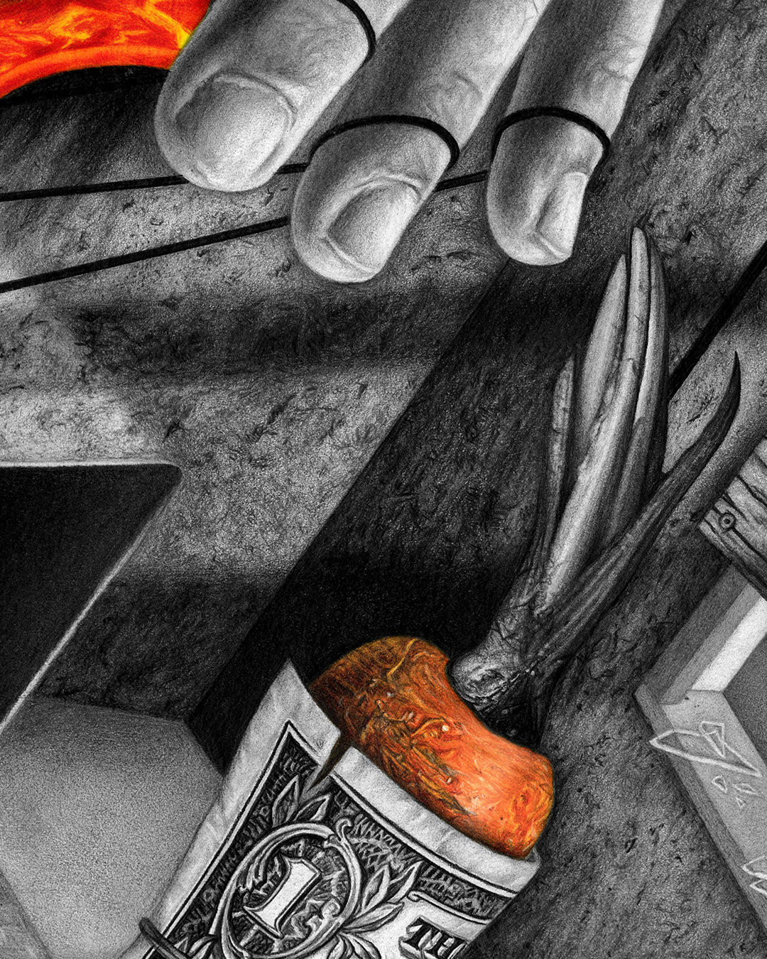 Entrepreneur artwork detail showing a carrot wrapped in a dollar bill dangling like bait in front of a puppet – metaphorical, metaphysical symbolism