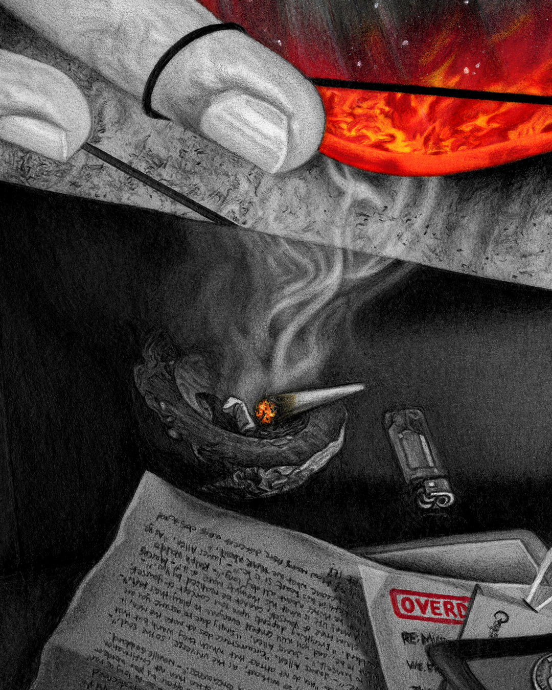 Rising phoenix in form of smoke above a lit spliff in ashtray – esoteric symbol of rebirth in metaphysical artwork