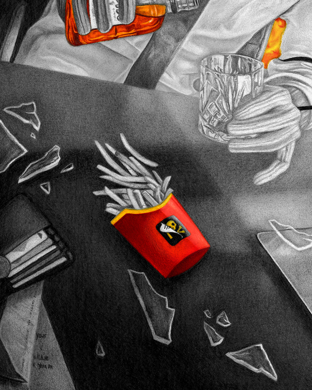 Metaphysical art detail showing Mcdonald's fries with a hidden toxic symbol under a Monopoly sticker – social commentary