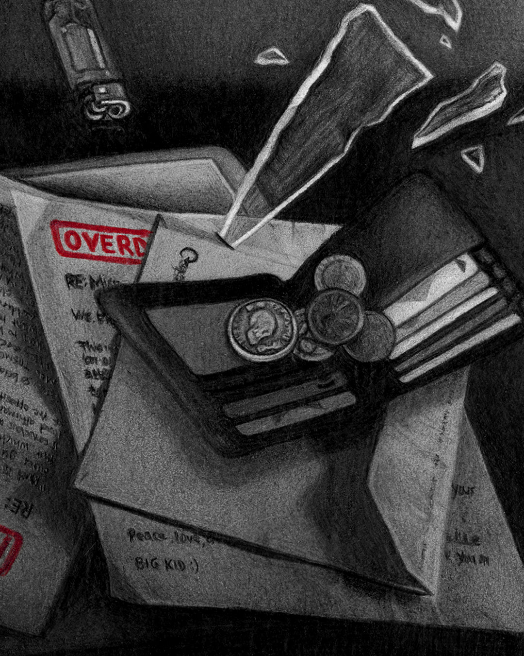 Esoteric art detail showing a Memento Mori coin resting on an open wallet surrounded by loose change – stoic theme