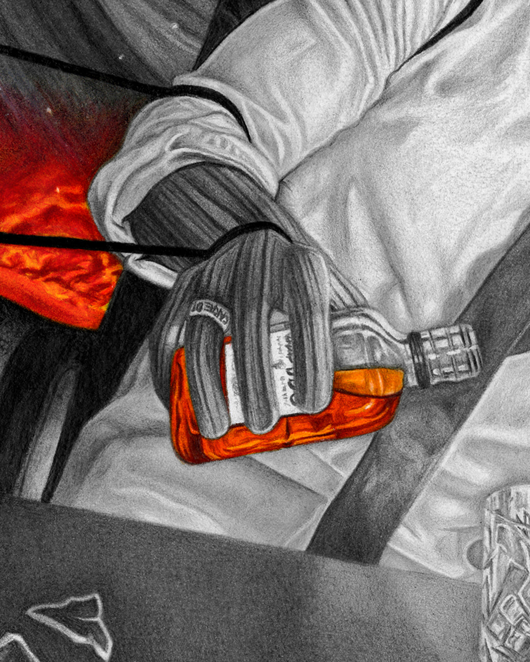 Wooden puppet hand wearing a Carpe Diem ring pours whiskey into a crystal glass – metaphysical artwork close-up