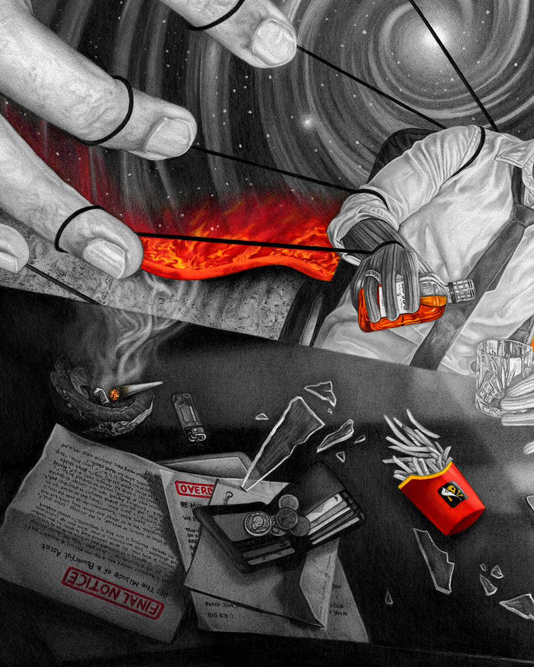 Symbolic artwork detail showing cluttered desk: ashtray smoke, Memento Mori coin, toxic fries, cryptic letters, and puppet hand