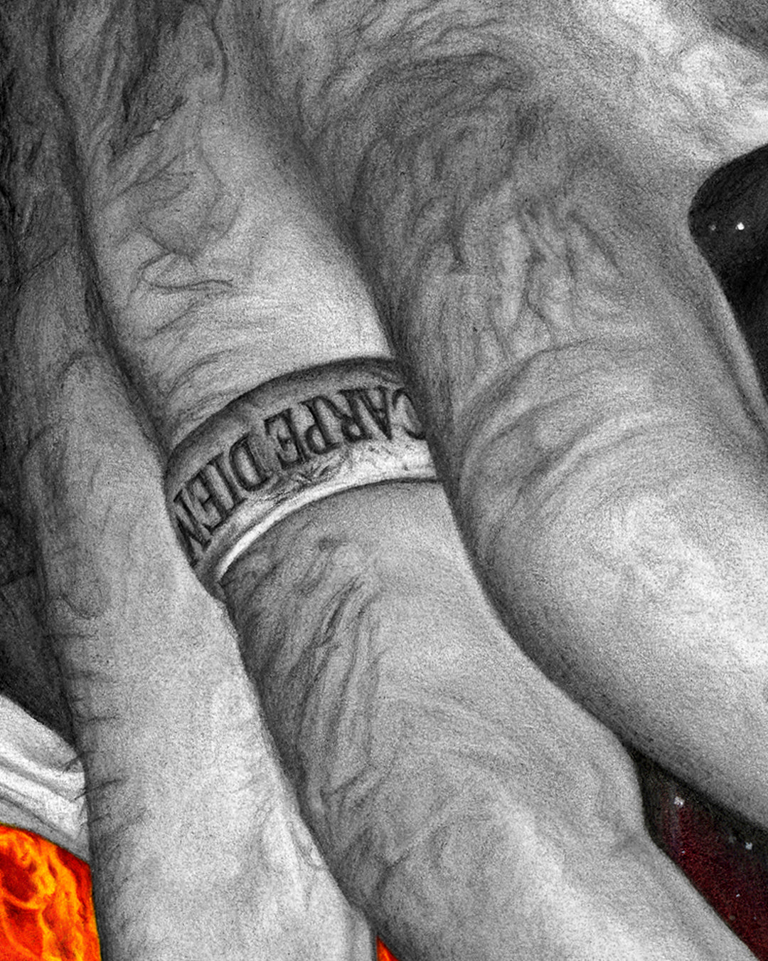 Close-up of a large hand wearing a Carpe Diem ring – metaphysical symbol of urgency and presence in spiritual artwork