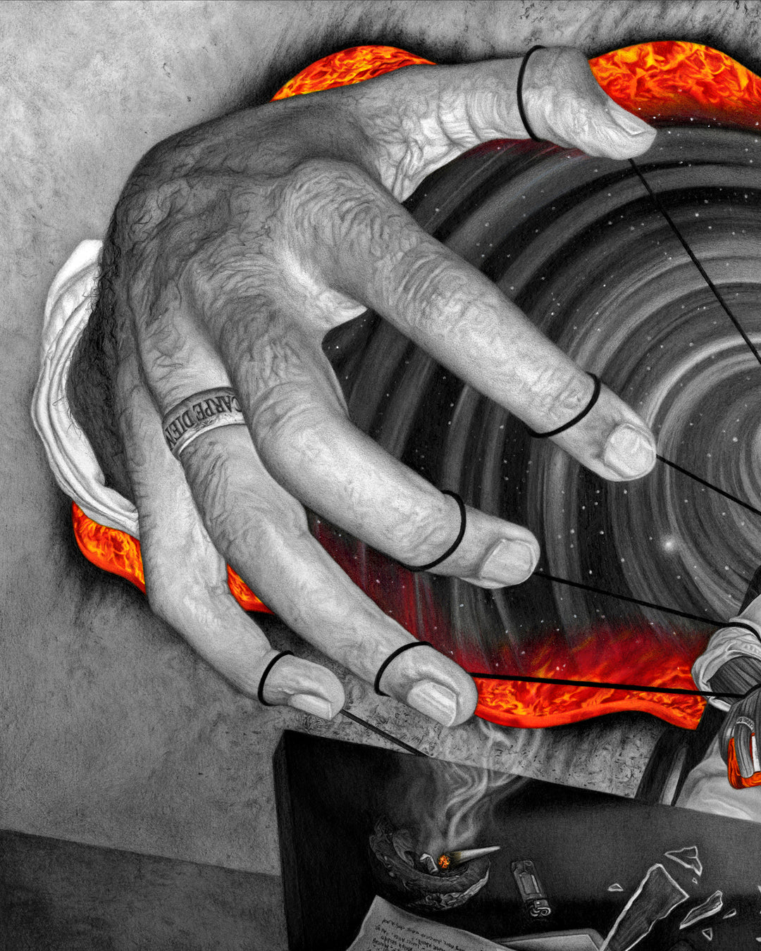 Fiery galaxy portal with a large hand wearing a Carpe Diem ring pulling puppet strings – metaphysical artwork close-up