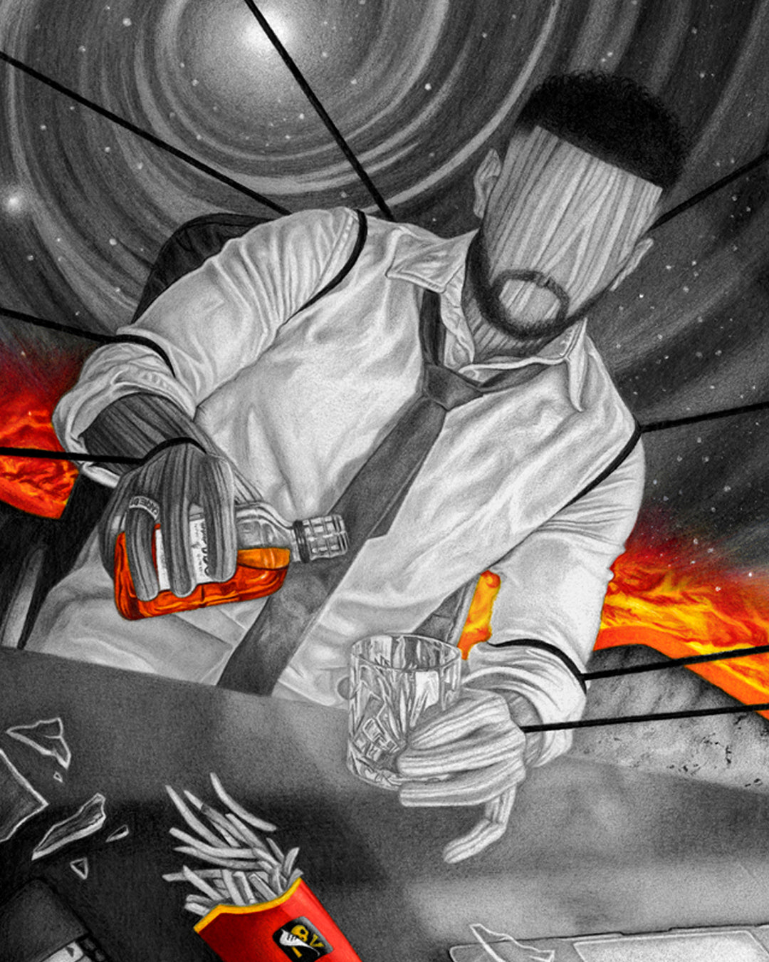 Puppet in shirt and tie pouring whiskey at desk with galaxy portal behind – entrepreneur art detail, rat race theme