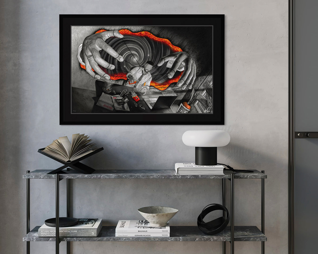 Collector’s Edition Print ‘At Your Command’ framed and hanging on bedroom wall above minimalist shelving unit – spiritual, esoteric wall art
