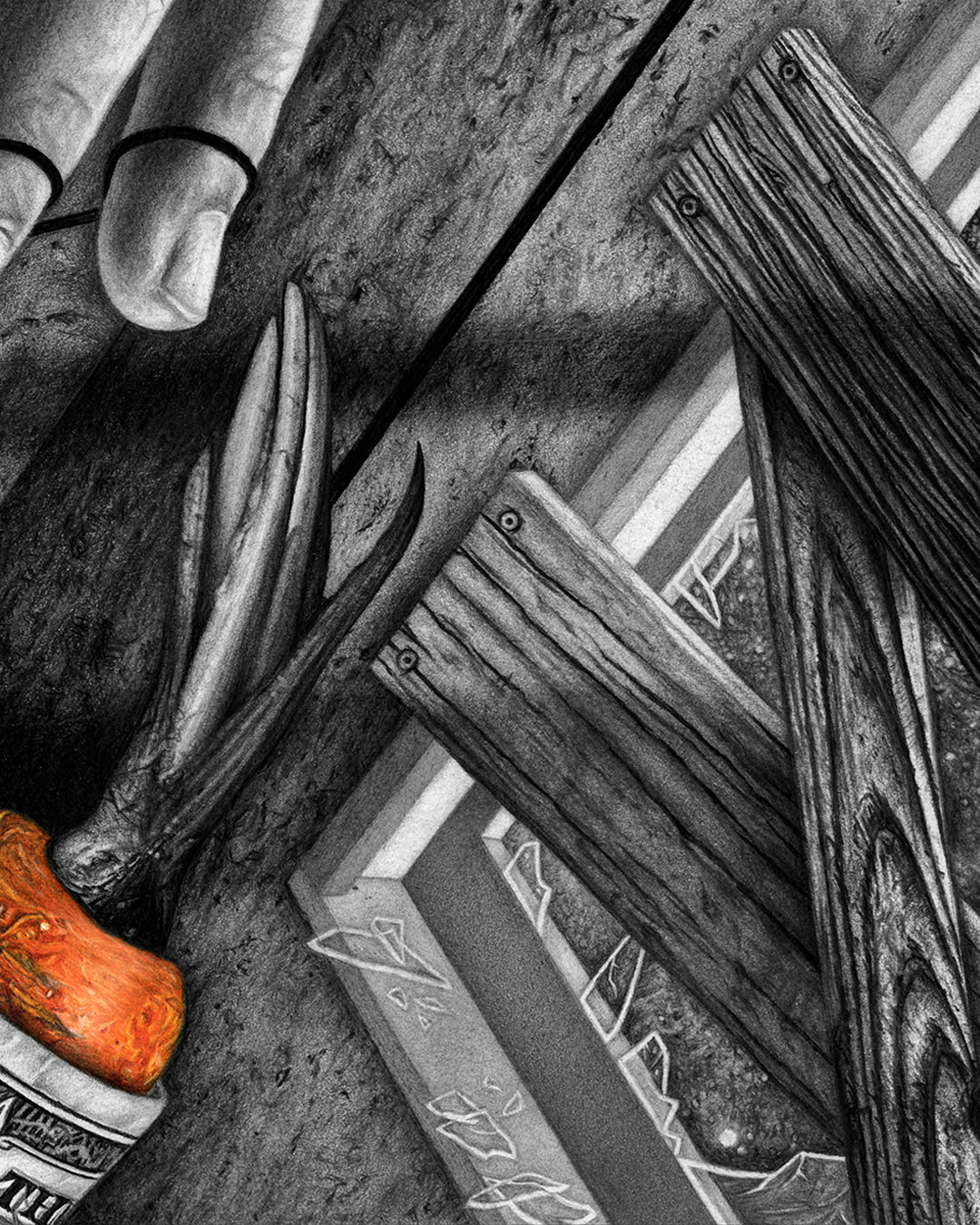 Close-up of a shattered, boarded window with dollar-wrapped carrot bait dangling in front – spiritual symbol of illusion and control