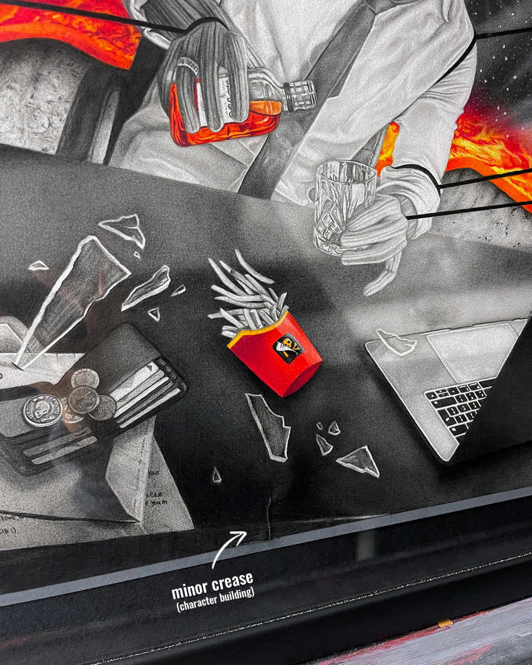 Close up of minor crease in 'At Your Command' original artwork - character building