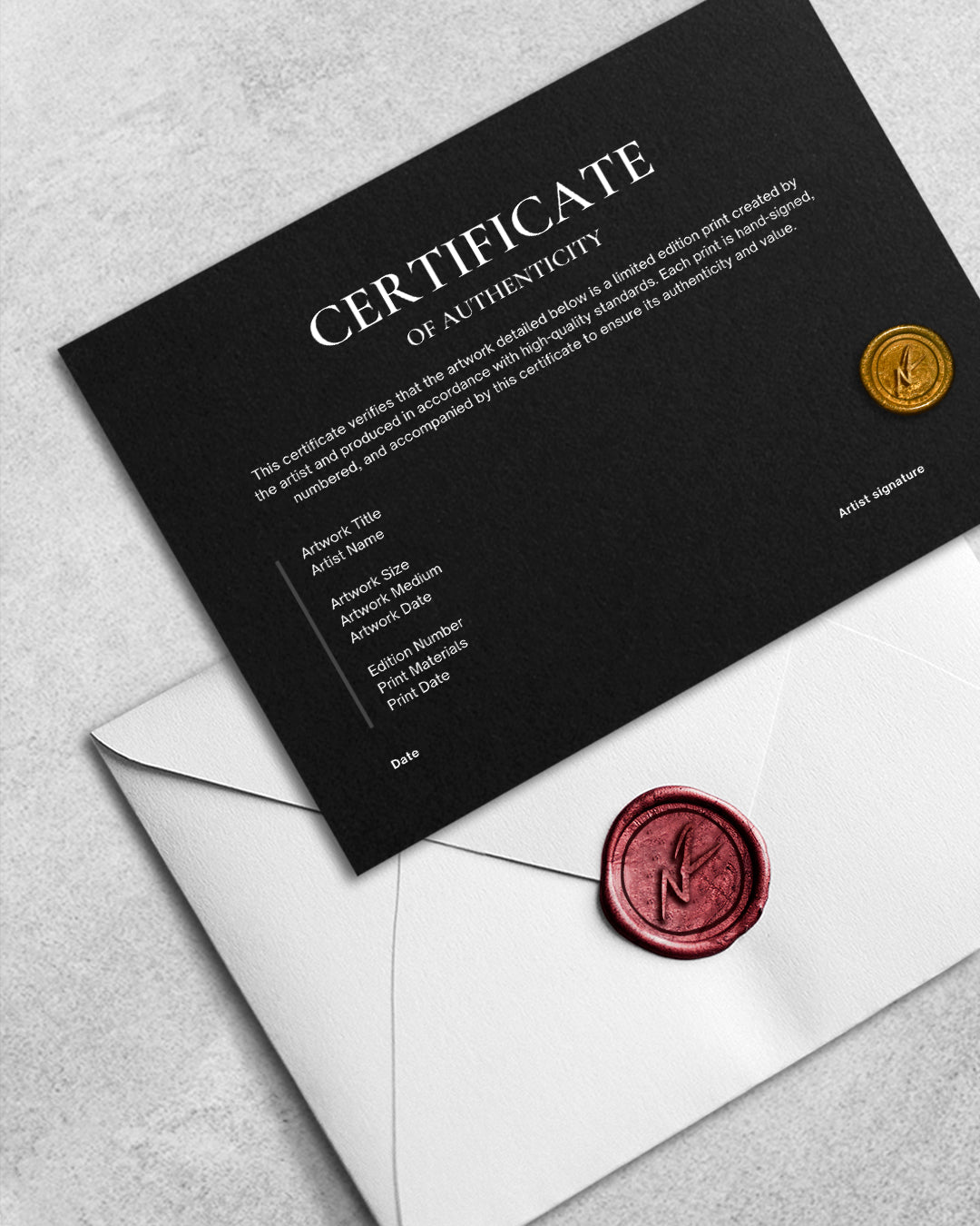 Limited edition black certificate of authenticity with gold wax seal beside white envelope sealed with crimson red wax